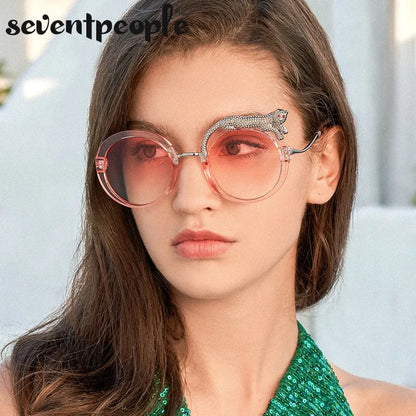 Oversized Round Crystal Leopard Sun Glasses