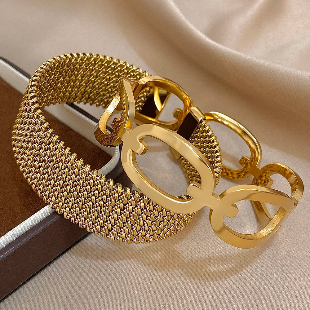 Vintage Y2K Stainless Steel Wide Weave Open Cuff Bangle Bracelet