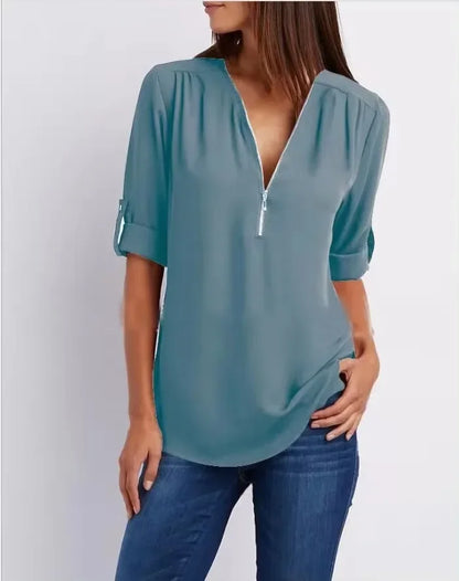 Loose Shirt Deep V Neck Chiffon Blouse