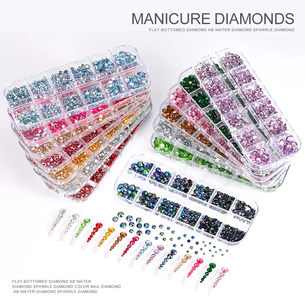 12Gird 3D Glass AB Crystal Nail Art Rhinestones Kit