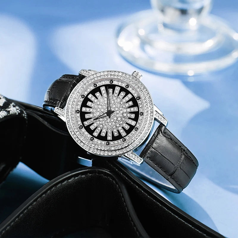 Reloj de cuero giratorio Lucky Star con diamantes completos