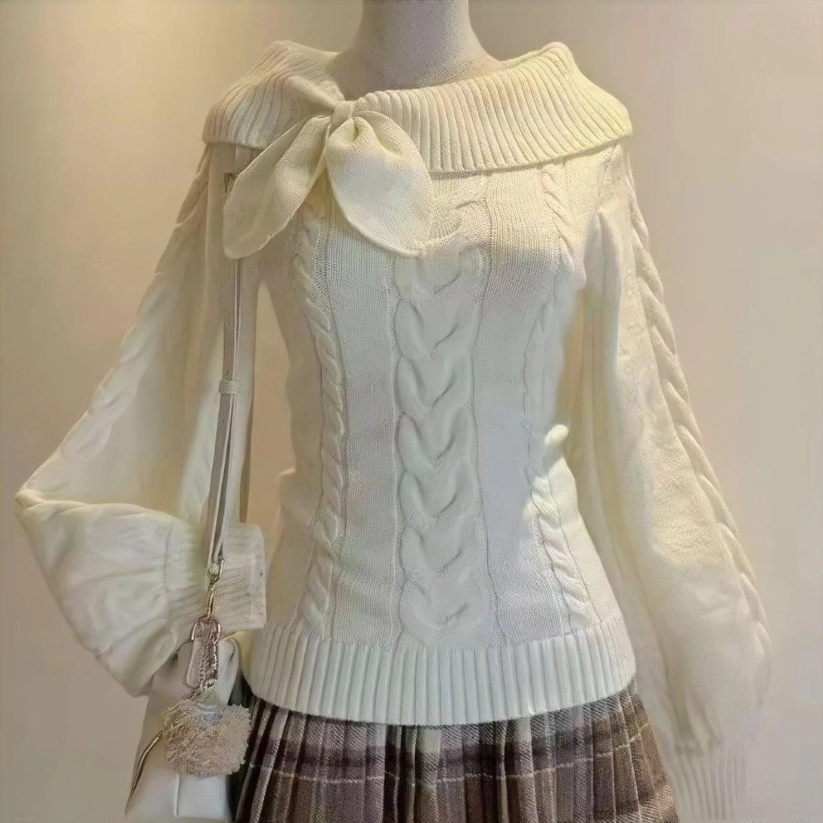 Off‑Shoulder Cable Knit With Bow Long Puff Sleeve Slim Fit Pullover Jumper