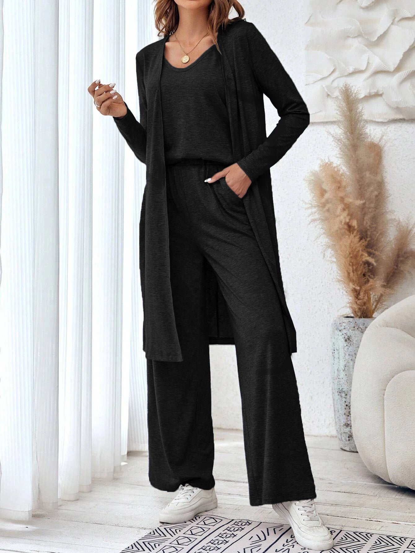 Casual loose three piece vest pants cardigan three piece set