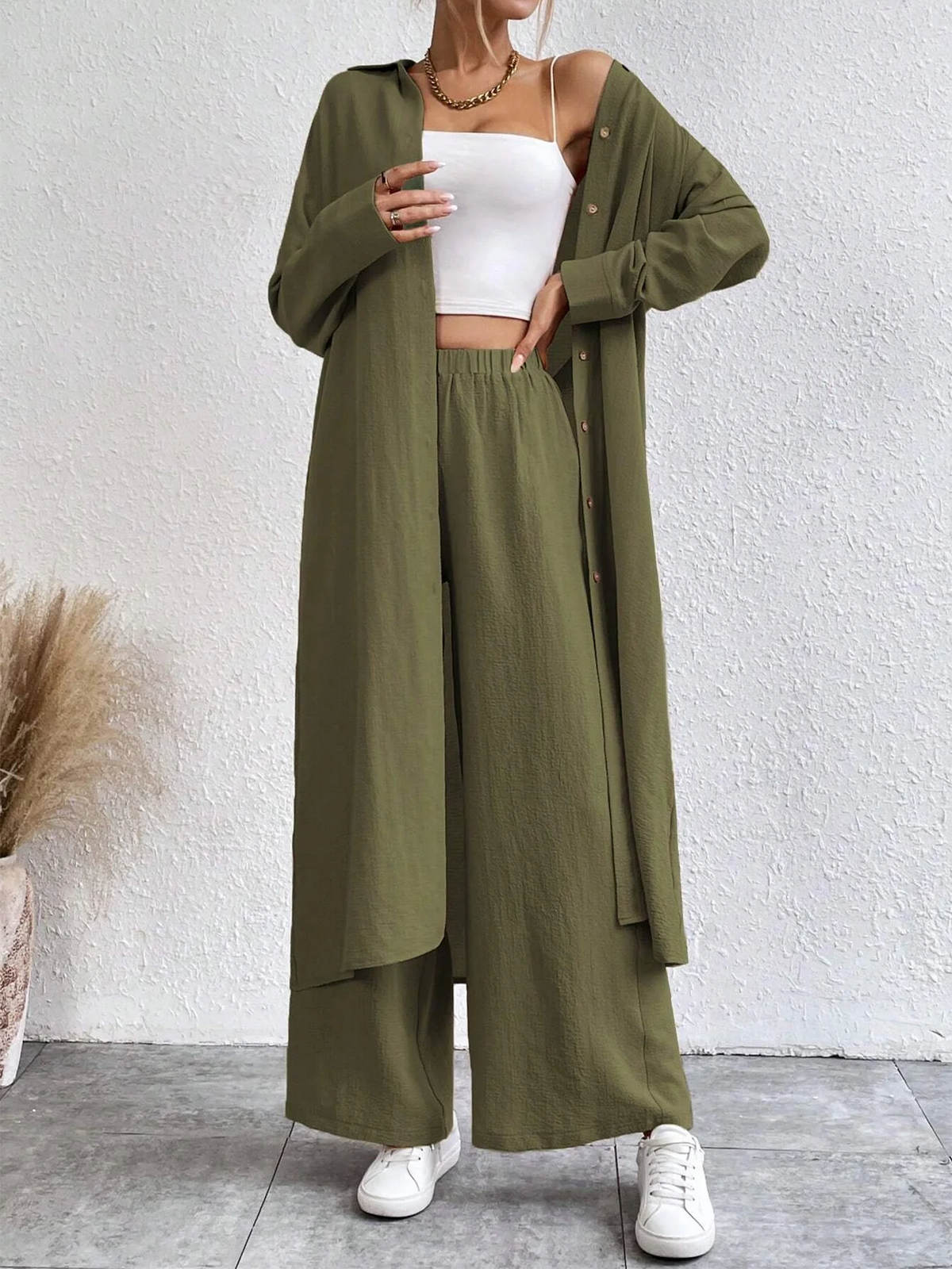 French Style Casual Long Sleeve Loose Fit Lapel Collar and Wide Leg Pants