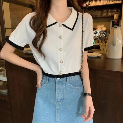 Korean Knitted Turn Down Collar Blouse