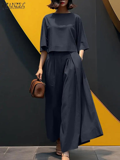 3/4 Sleeve Blouse Trousers Suits Wide Leg Pants Sets