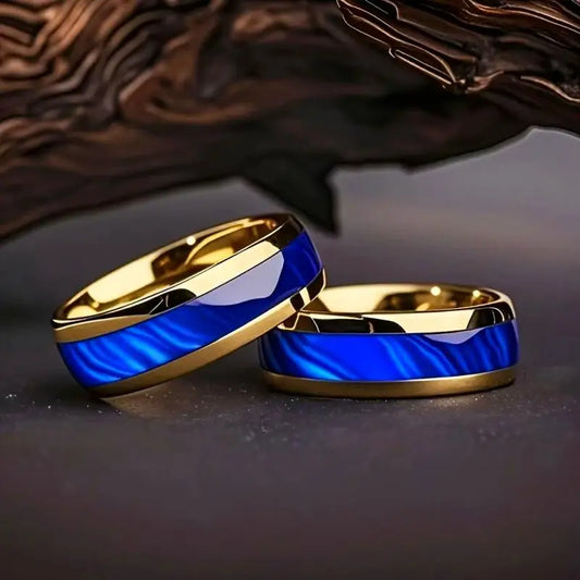 8mm Stainless Steel Ring Inlaid with Blue Pattern Drip Polishing Rings