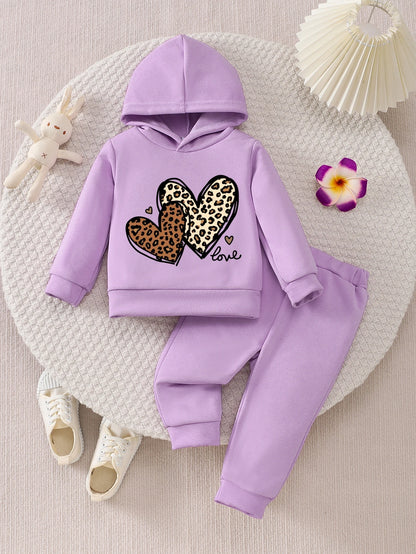 Spring Fall Outfit Leopard Heart Print Hoodie Cute Casual Outfit Hooded Set