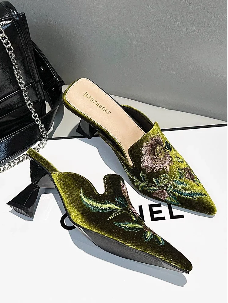 Elegant Velvet Mule Heels Pointed Toe Cone Heel Shoes