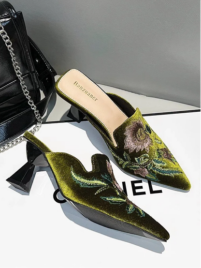 Elegant Velvet Mule Heels Pointed Toe Cone Heel Shoes