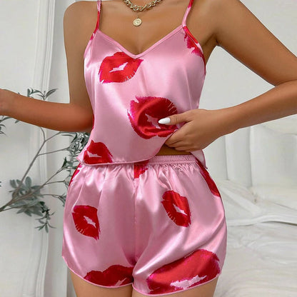 Heart Print Satin Sexy V Neck Pyjama set