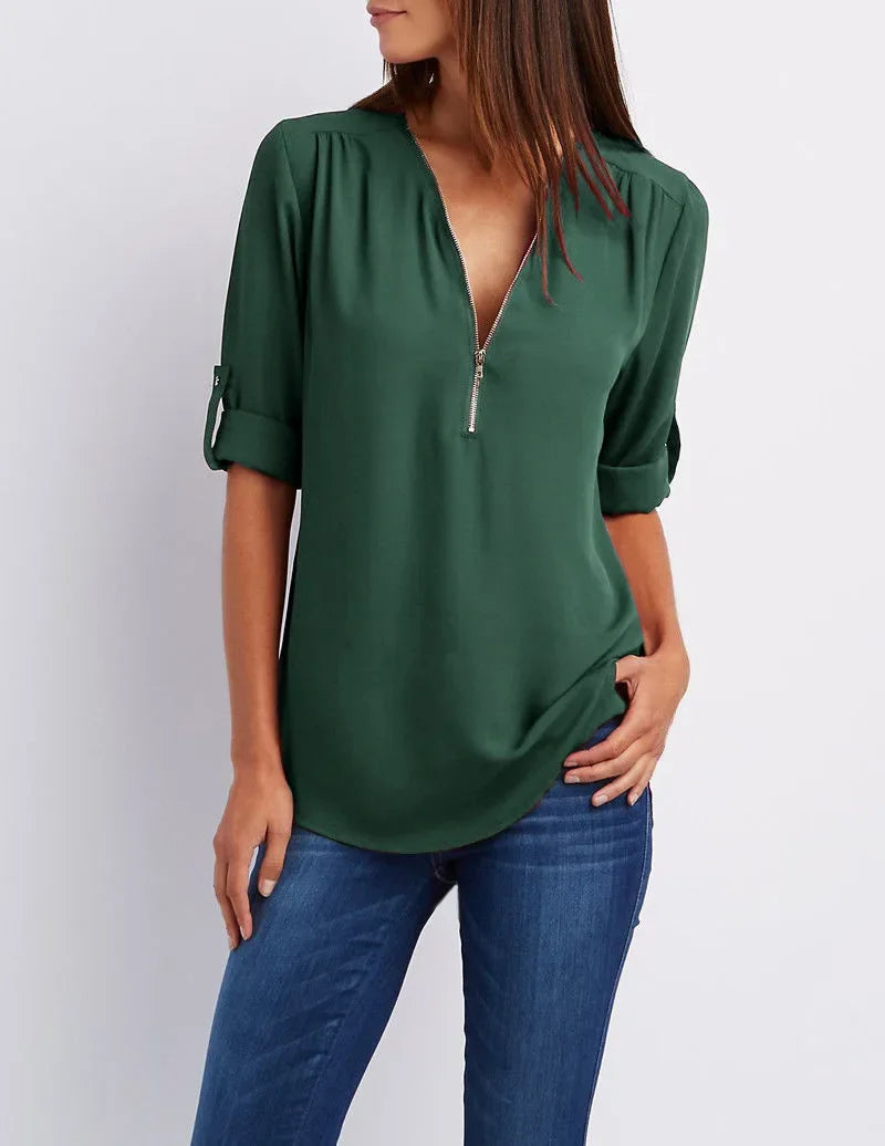 Loose Shirt Deep V Neck Chiffon Blouse
