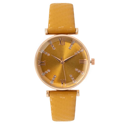 Luxury Diamond Roman Quartz Green Leather Strap Wristwatches