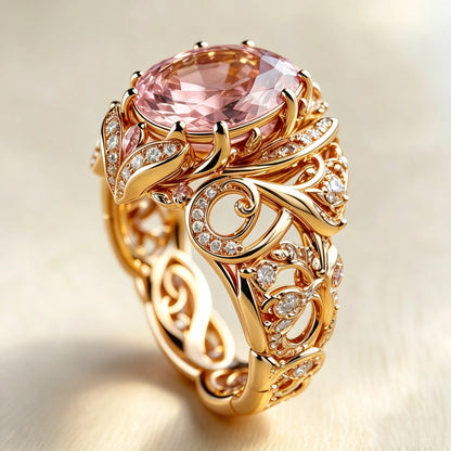Luxury Pink Zircon Big Stone Engagement Round Skeleton Ring