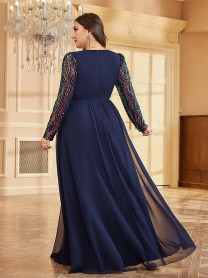 Plus Size Luxury Chiffon Long Sleeve Evening Dress