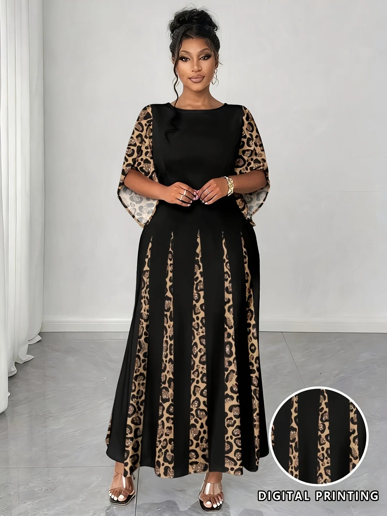 Elegant Leopard Maxi Long Sleeve Gown Dress