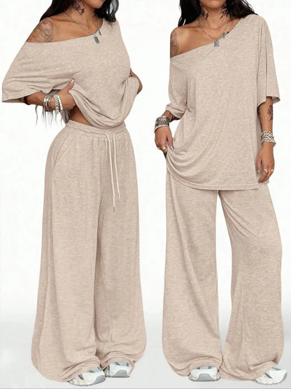 Casual Sports Loose Fit with Slanted Hem and Wide Leg Pants Set