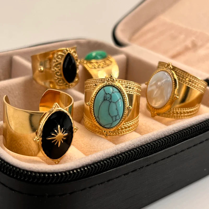 Bohemia Turquoise Natural Stone Wide Open 14K Gold Plated Stainless Steel Ring