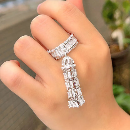 ThreeGraces Cubic Zirconia Long Tassel Charms Elegant Rings