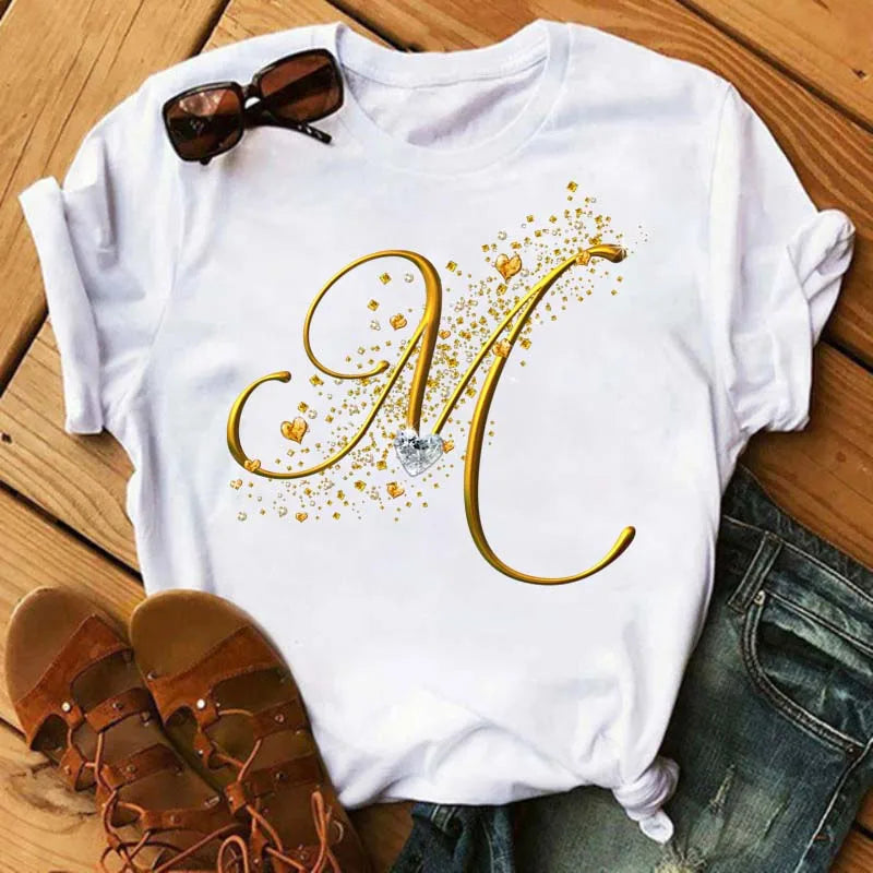 Custom Name Letter Diamond Gold Letter T-shirt