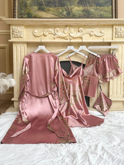 5pcs Floral Print Long Sleeve Robe Cami Dress Pajamas Sets