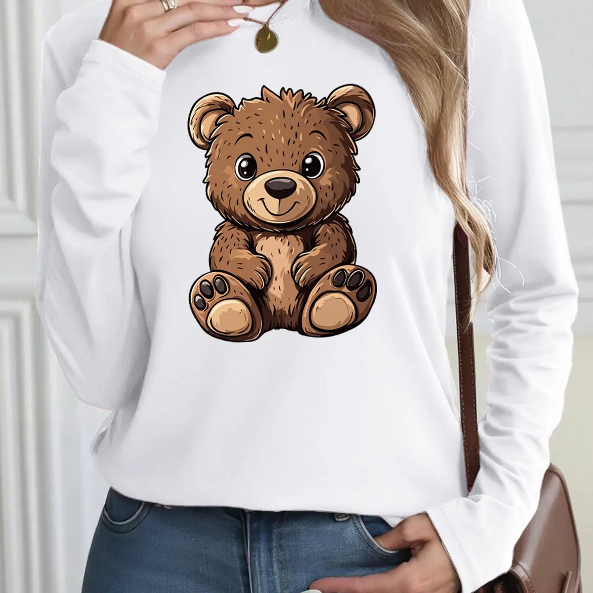 100% Pure Cotton Loose Letter Dog Print Round Neck Long Sleeved T-Shirt