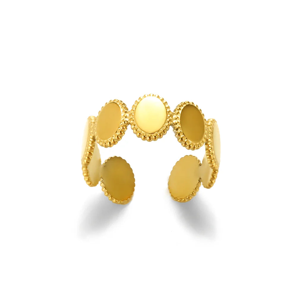 Gold Stainless Steel Coin Broad Surface Elliptical Geometry Rings