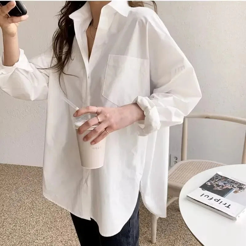 Office Elegant Loose Cotton Long Sleeve Shirt