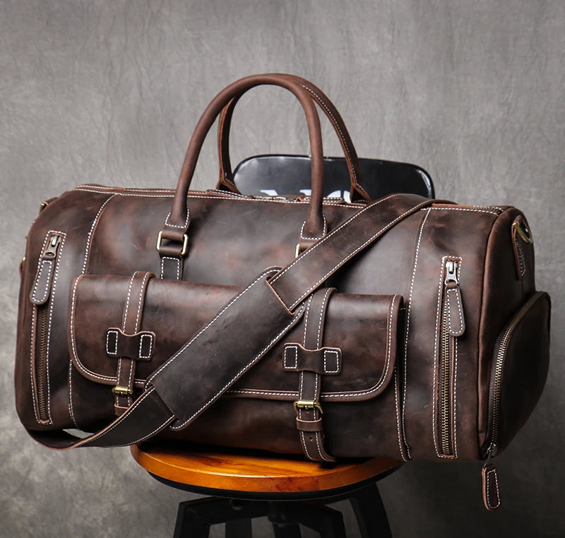 Vintage Crazy Horse Genuine Leather Travel Bag  Large Luggage