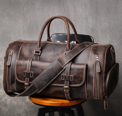 Vintage Crazy Horse Genuine Leather Travel Bag  Large Luggage