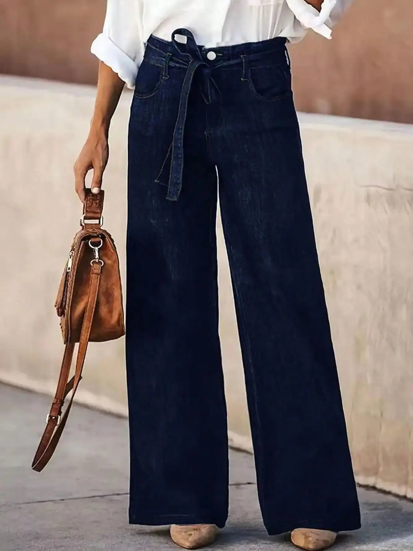 Wide Leg Denim Jeans with Belt