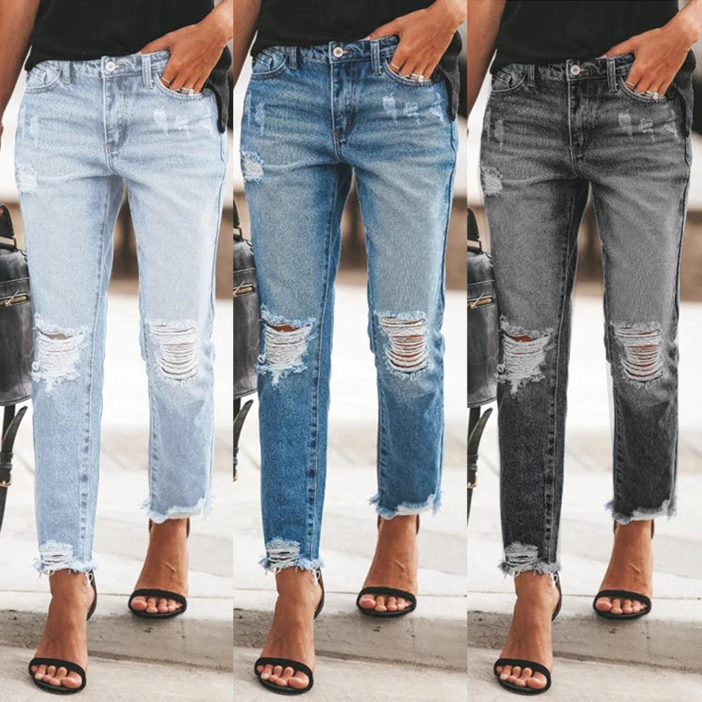 Slim Ripped Denim High-waisted Straight Jeans Pants