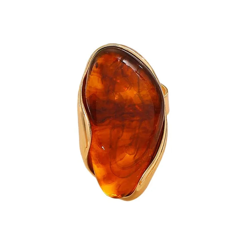 Brown Green Beige Resin Geometric Ring Vintage Gold Open Finger Rings