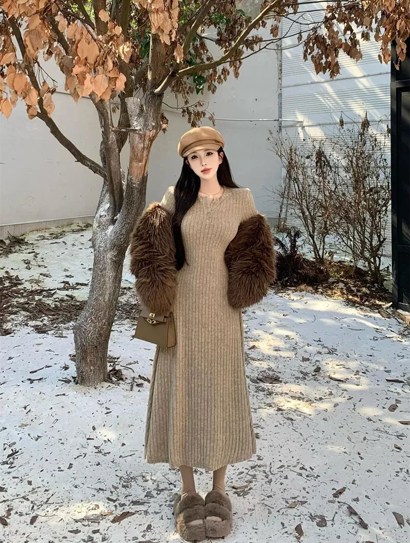 Elegant Slim High Waist Knit Long Sleeve Thick Warm Long Dress