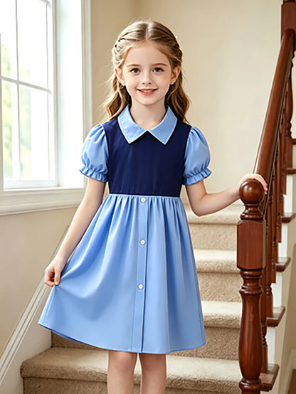 Blue Color Block Preppy Princess Puff Sleeve Dress