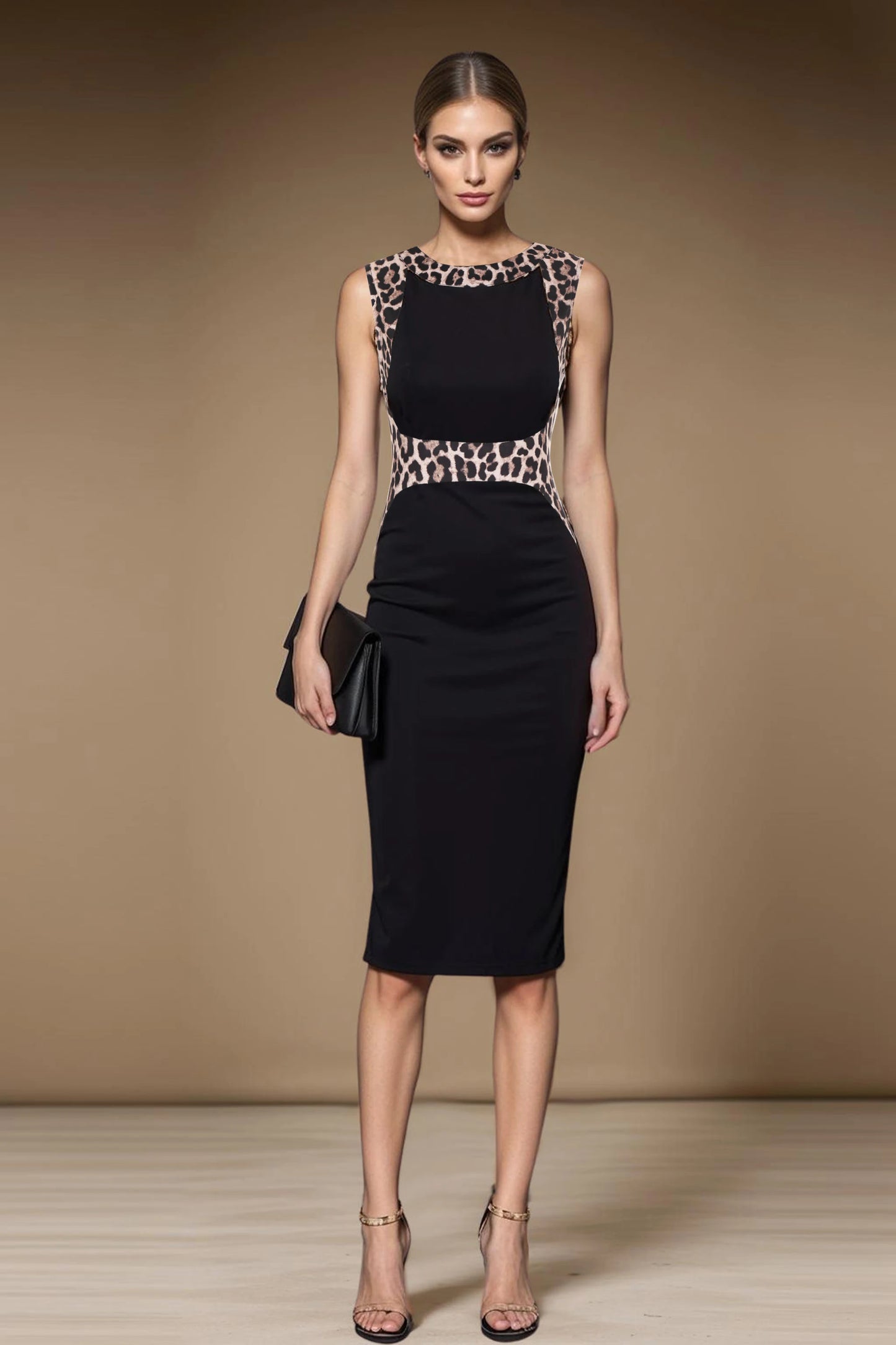 Leopard Patchwork Crew Neck Sleeveless Cocktail Casual Pencil Bodycon Sheath Dress