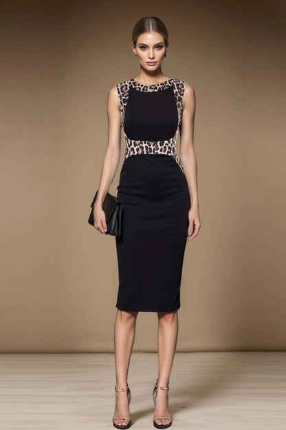 Leopard Patchwork Crew Neck Sleeveless Cocktail Casual Pencil Bodycon Sheath Dress