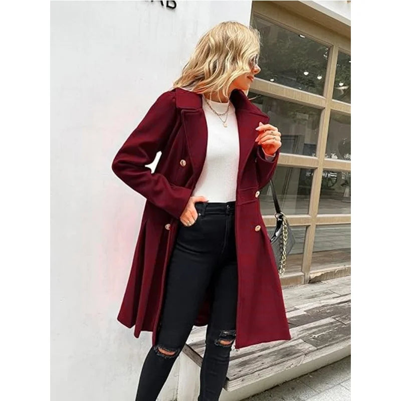 Winter Woolen Trench Coat Skirt Double Breasted Flip Lapel Jacket