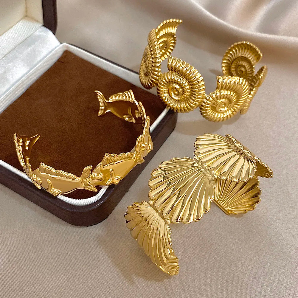 Gold Stainless Steel Open Exaggerated Fish Conch Shell Chunky Bangle Bracelets