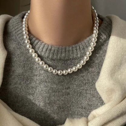 Imitation Pearl Magnet Round Buckle Beadeds Necklace Jewelry