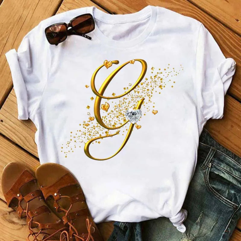 Custom Letter Combination Diamond Gold Letter T-shirt