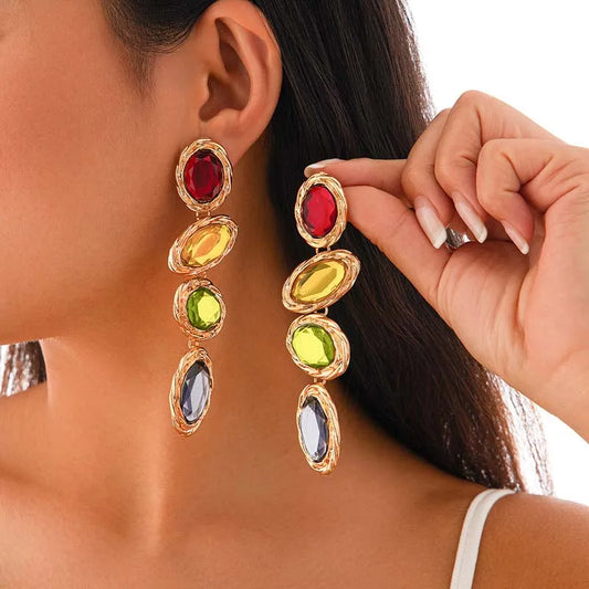 Exaggerated Colorful Crystal Long Pendant Earrings