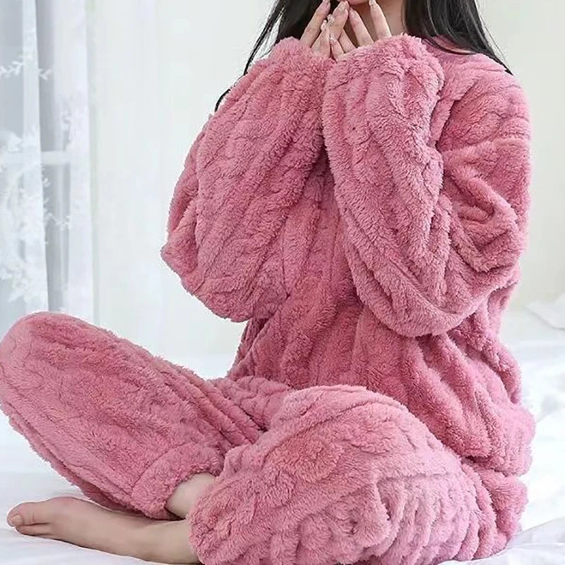 Solid Warm Thicken Velvet Ribbed Fleece Set Pajama