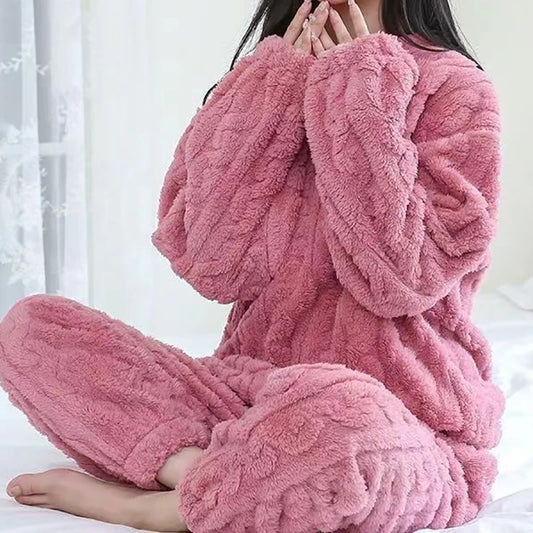 Solid Warm Thicken Velvet Ribbed Fleece Set Pajama