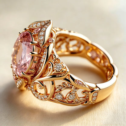 Luxury Pink Zircon Big Stone Engagement Round Skeleton Ring