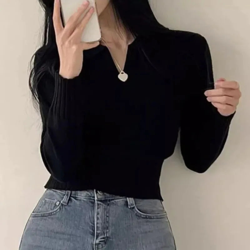 Korean Chic Turndown Collar Gray Slim Fit Long Sleeve Cropped Sweater