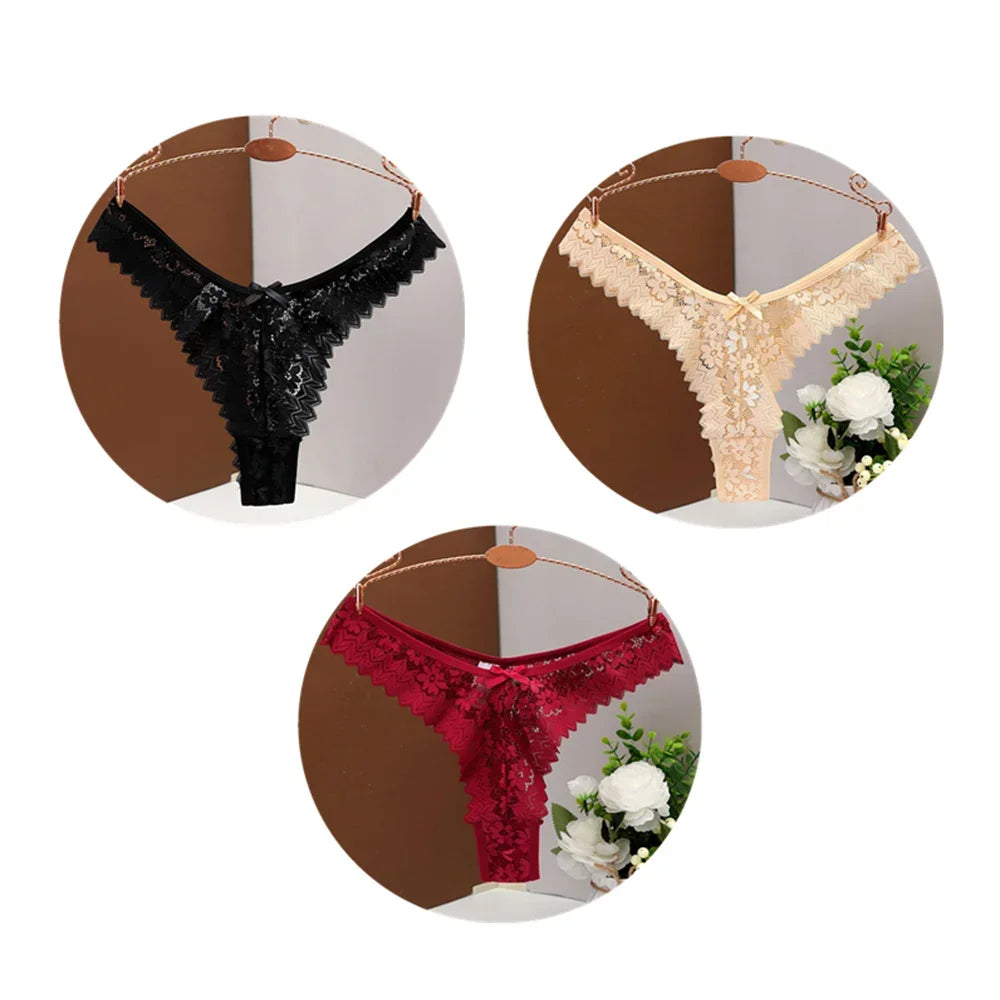 3PC Sexy T Back Thong Mid Waist Lace Transparent Underwear