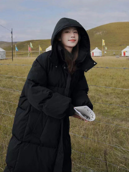 Long Thickened Down Cotton Bread Style Winter Korean Loose Long Knee Length Hooded Jacket