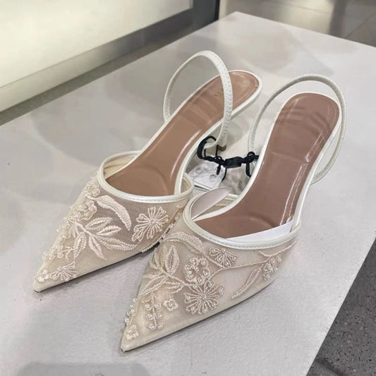 Flowers Back Strap Sexy Slingback High Heels Shoes