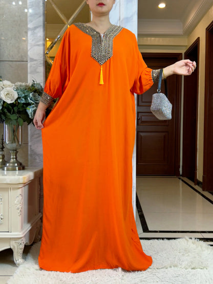 Muslim Long Sleeve Cotton With Big Scarf African Abaya